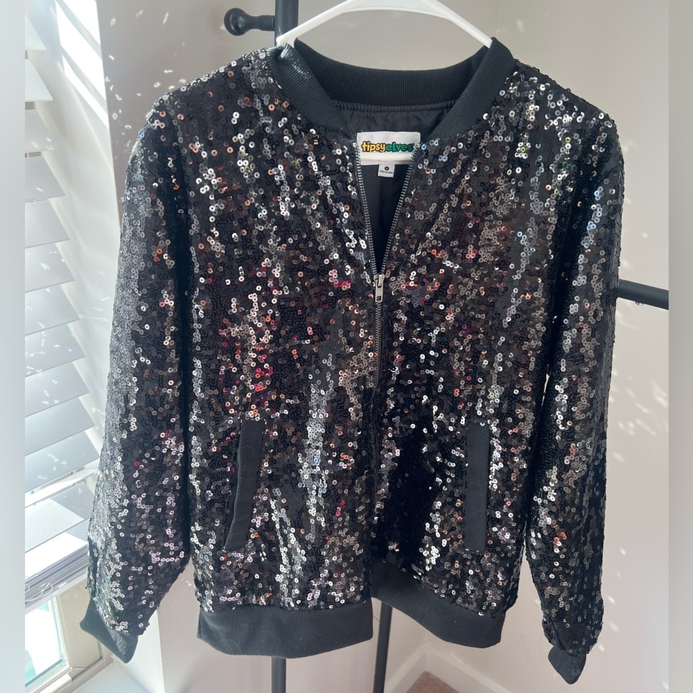 NWOT Tipsy Elves size Small Black Sequin Bomber Jacket